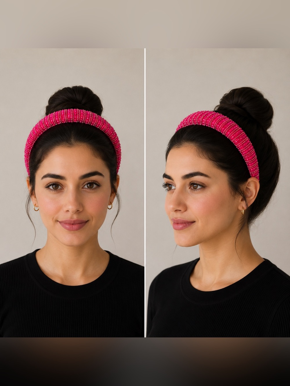 Elegant Beaded puff Padded Headband in pink Dragon Fruit